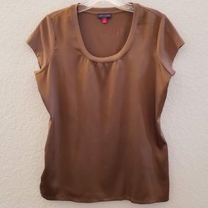 Vince Camuto Sable Brown Scoop-Neck Cap-Sleeve Satin-Front Stretch Top - Small